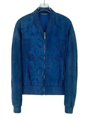 X30488 Versace Dark Blue Floral Hollow Stand Collar Zipper Jacket 48 M Size